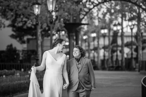 A black and white photo of Alexis and Christian